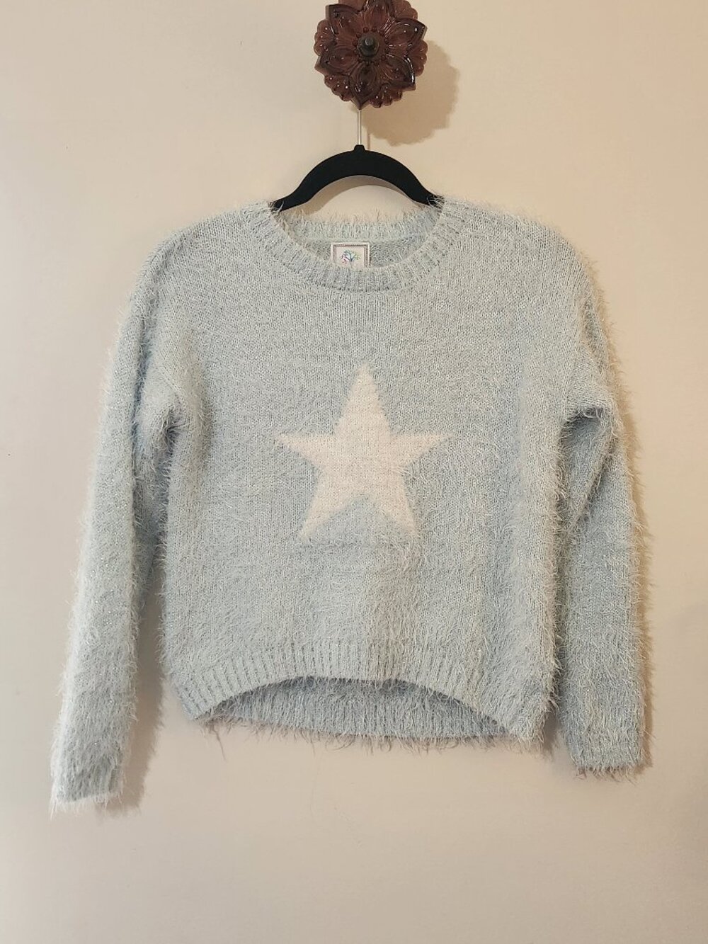 Colortree Girls L 14 Artic Blue Fuzzy Star Crewneck Sweater